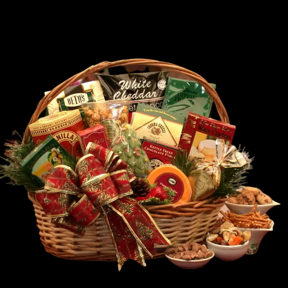 Gourmet for the Holiday gift basket is hand packed in Birmingham with  Alabama made specialty goodies. Crowd-pleasing sweet and savory treats  create this unique Alabama Christmas present.